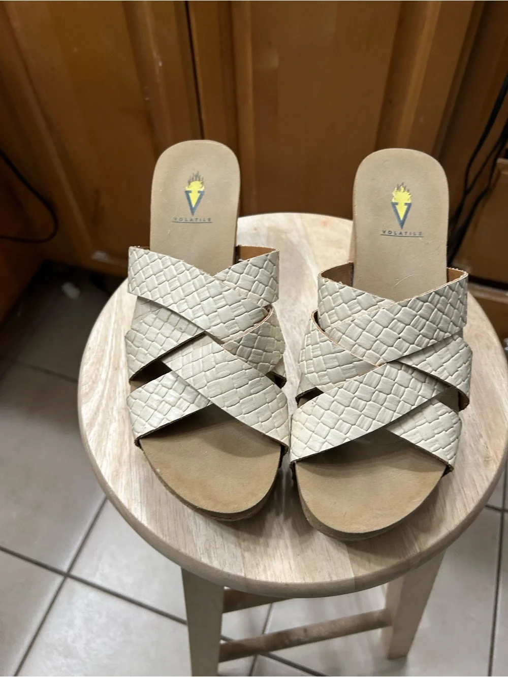 Vionic Cream Woven Crisscross Wedge Slides